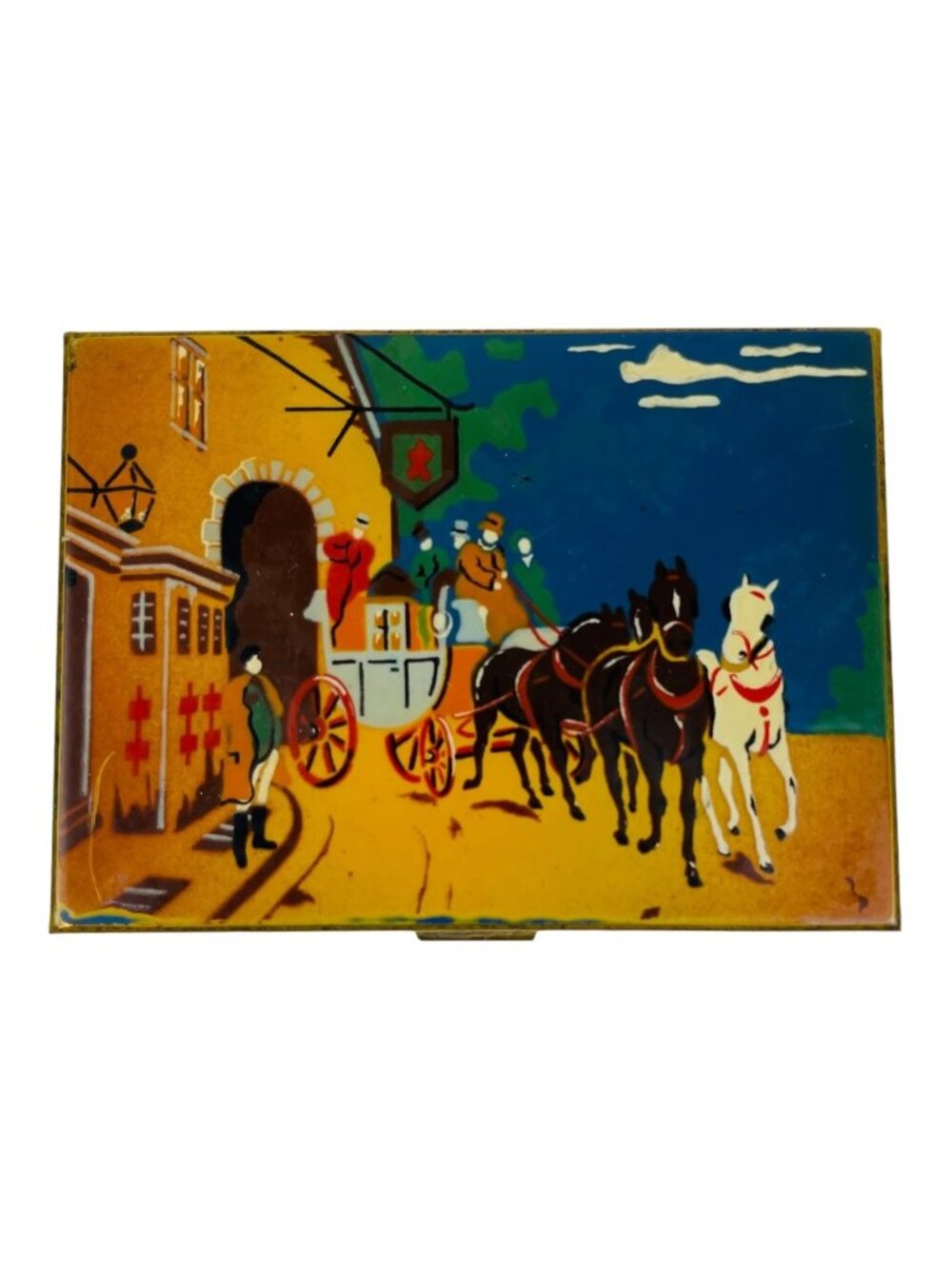 Vtg Brass Compact Colorful Horse & Carriage Scene Embossed Trim Maud Lewis Style